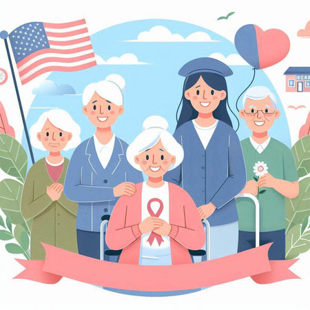 Happy elderly people with usa flag and ribbon, vector illustration.のイラスト素材