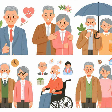 Elderly people with different age and illness, vector illustration.のイラスト素材