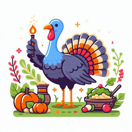 Thanksgiving day greeting card with turkey and pumpkin. Vector illustration.のイラスト素材