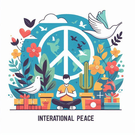 International Peace Day. Vector illustration in flat style with symbols of peace and hope.のイラスト素材