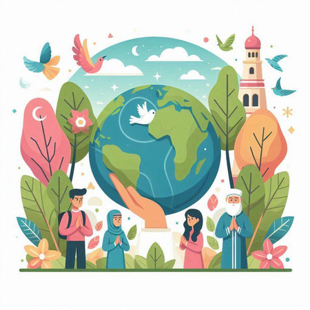 Muslim family with globe in the park. Vector illustration in flat styleのイラスト素材
