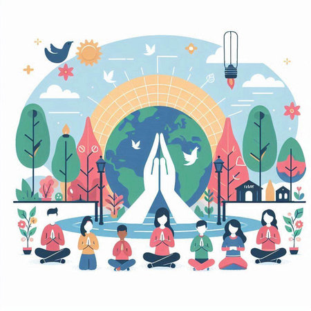 Vector illustration of yoga and meditation in the park. Concept of healthy lifestyle.のイラスト素材