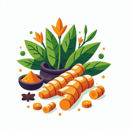 Ginger root, ginger powder, leaves and spices. Vector illustration.のイラスト素材
