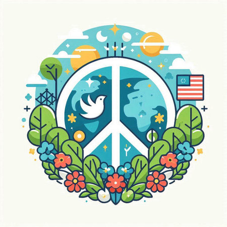 Peace symbol with flowers and birds. Vector illustration in flat style.のイラスト素材