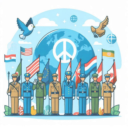 Soldiers of different nationalities with flags around the world. Vector illustration.のイラスト素材