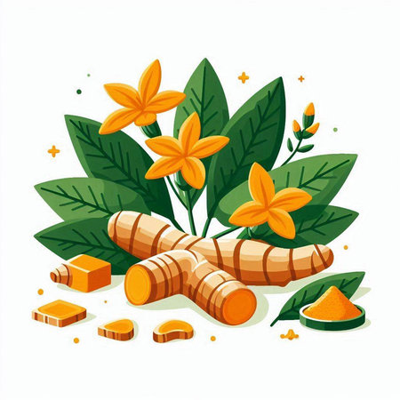 Ginger root, turmeric powder, leaves and flowers. Vector illustration.のイラスト素材
