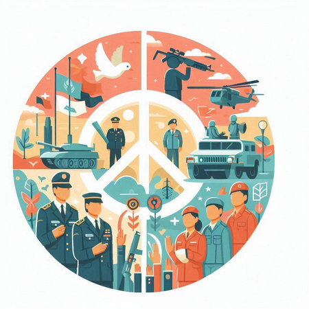 War and military forces. Vector illustration in flat style with soldiers, helicopter, tank, helicopter, soldiers.のイラスト素材