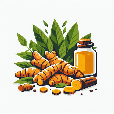 Turmeric root and extract in a glass bottle. Vector illustration.のイラスト素材