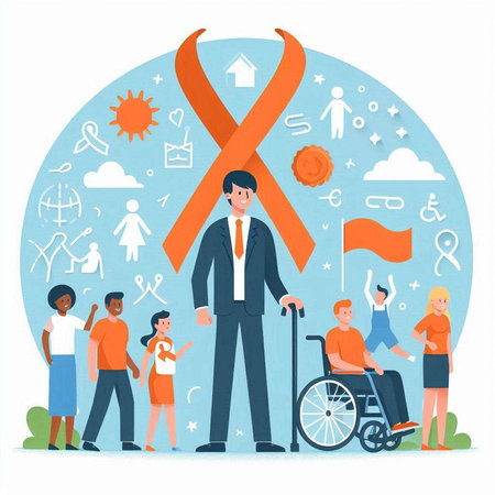 Sick people in a wheelchair with a red ribbon. Vector illustration.のイラスト素材