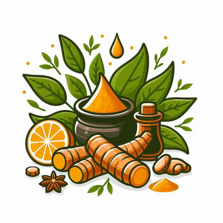 Turmeric, ginger, lemon, honey and spices. Vector illustration.のイラスト素材
