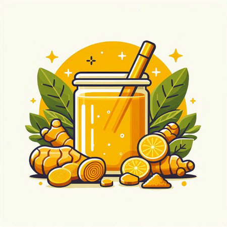 Ginger smoothie in glass jar with straw and ginger root. Vector illustration.のイラスト素材