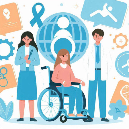 Vector illustration of a doctor, nurse and patient in wheelchair. Healthcare conceptのイラスト素材
