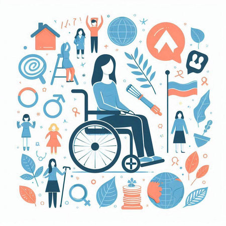 Disabled woman in wheelchair with social media icons. Vector illustration.のイラスト素材