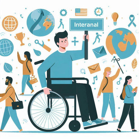 Disabled man in wheelchair with placard. Disabled person in wheelchair vector illustrationのイラスト素材