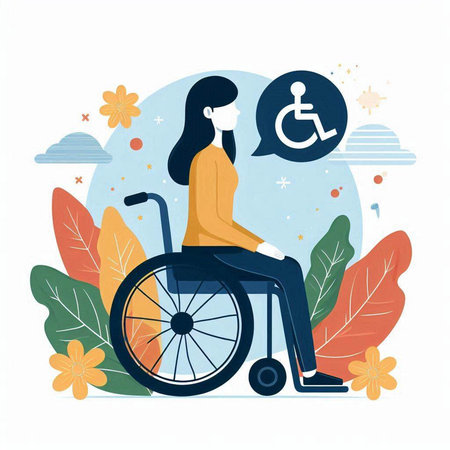 Disabled woman in wheelchair with speech bubble. Flat vector illustration.のイラスト素材