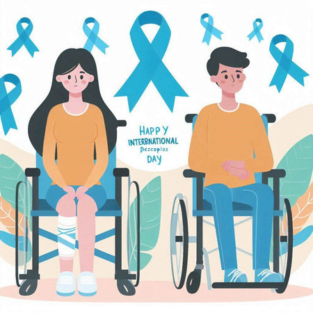 World Cancer Day. A man in a wheelchair and a woman in a wheelchair with a blue ribbon. Vector illustration.のイラスト素材