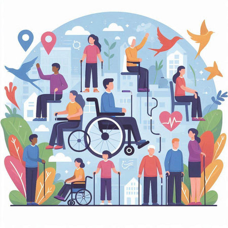 Disabled people concept. Flat vector illustration of disabled people on city background.のイラスト素材