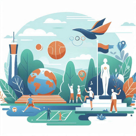 Vector illustration of people doing sports in the park. The concept of healthy lifestyle.のイラスト素材
