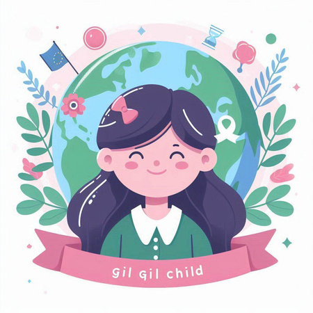 Cute little girl with world map and ribbon. Vector illustration.のイラスト素材