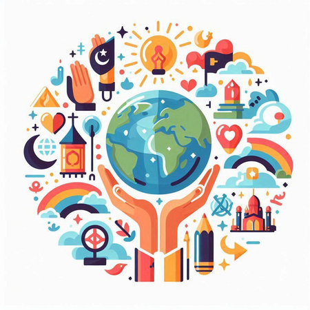 Vector flat illustration with planet earth in hand, set of different icons around.のイラスト素材