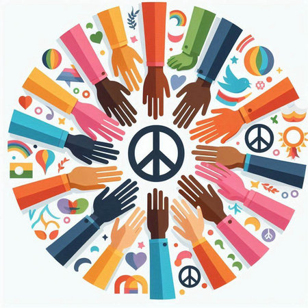 Hands of diverse people around the peace sign. Vector illustration.のイラスト素材