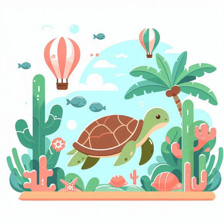 Turtle on the seashore. Vector illustration in flat styleのイラスト素材