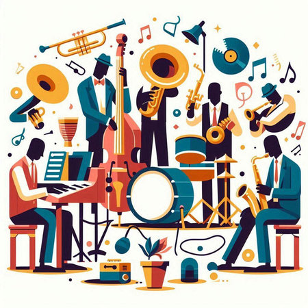 Musical instruments set. Vector flat illustration with musical instruments, trumpet, guitar, saxophone, saxophone, violin, piano, saxophone, piano, trumpetcas, microphoneのイラスト素材