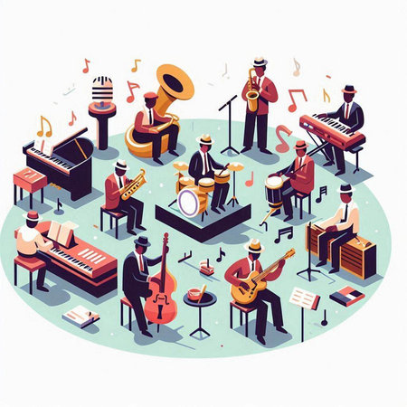 Musical band isometric composition with musical instruments and musicians isolated vector illustrationのイラスト素材