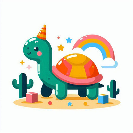 Turtle with rainbow and cactus. Cute cartoon vector illustration.のイラスト素材