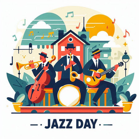Jazz Day. Flat style vector illustration. Musicians playing musical instruments.のイラスト素材