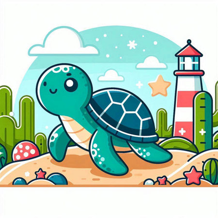 Cute cartoon turtle on the seashore. Vector illustration.のイラスト素材
