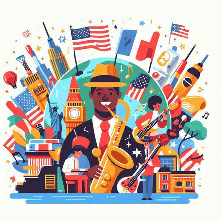 Jazz music festival in United States of America, flat vector illustration.のイラスト素材