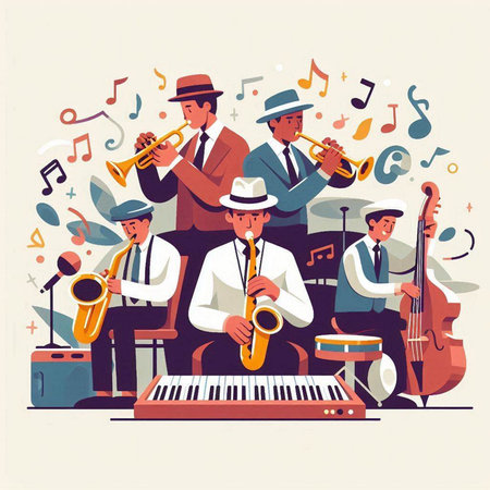Musical band flat vector illustration. Musicians playing music instruments.のイラスト素材