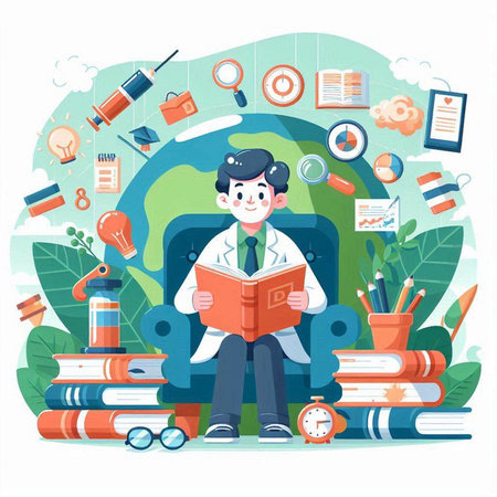Cartoon flat vector illustration of male student reading a book sitting on a school bagのイラスト素材