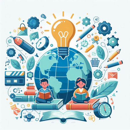 Vector illustration of education and learning concept with students, globe, books, lamp and icons.のイラスト素材