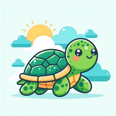 Cute cartoon turtle in the blue sky with clouds. Vector illustration.のイラスト素材