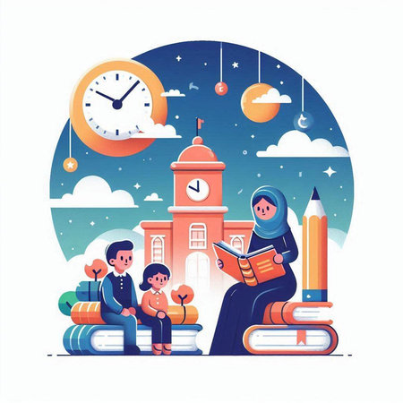 Muslim family reading books on the background of the clock. Vector illustrationのイラスト素材