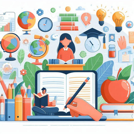 Back to school concept. Online education and learning. Vector illustration in flat styleのイラスト素材