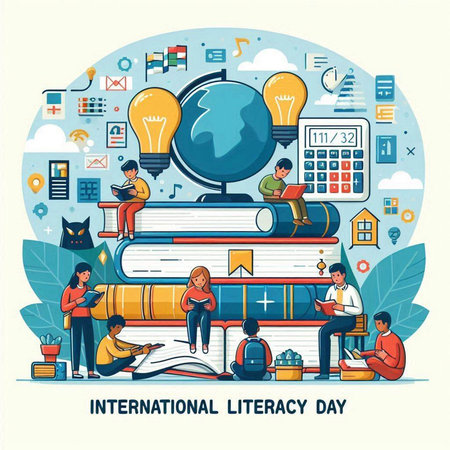 International literacy day poster with people reading books and studying flat vector illustrationのイラスト素材