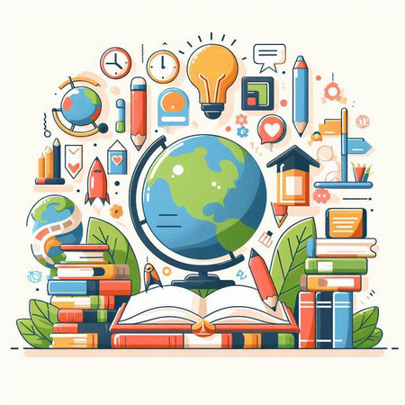 Back to school concept with globe, books and stationery. Vector illustration.のイラスト素材