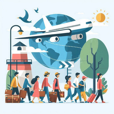 Traveling around the world. People with suitcases and airplanes. Vector illustrationのイラスト素材