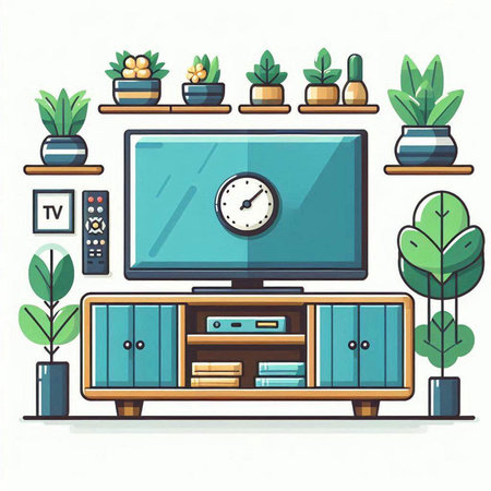TV on a wall in the living room. Flat style vector illustration.のイラスト素材