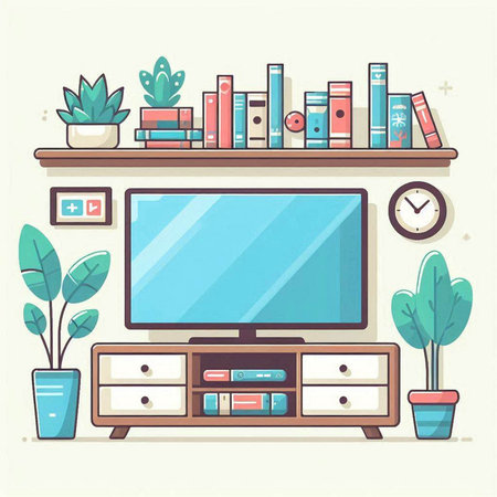 Living room interior with bookshelf, tv and houseplants. Flat style vector illustration.のイラスト素材