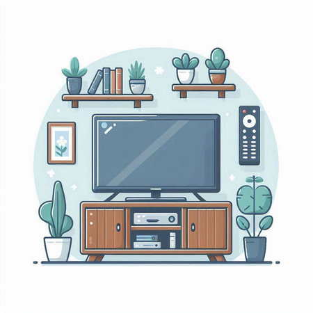 Home living room with TV, bookshelf and plants. Flat vector illustration.のイラスト素材