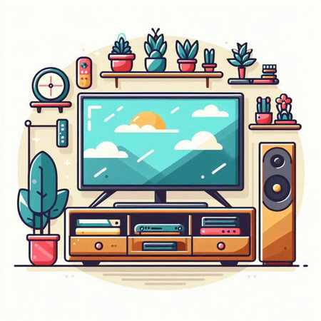 Home living room with furniture, tv and houseplants. Vector illustration.のイラスト素材