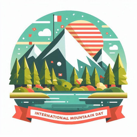 Mountain landscape with forest and lake in flat style. Vector illustration.のイラスト素材
