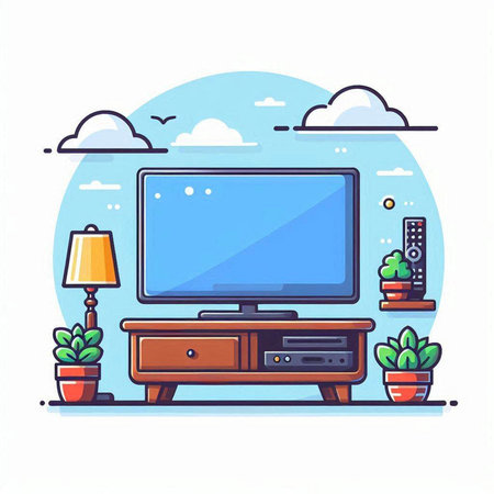 TV on the cabinet in the living room. Flat design vector illustration.のイラスト素材