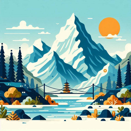 Mountain landscape with lake and wooden bridge. Vector illustration in flat styleのイラスト素材