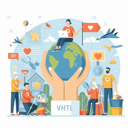 Volunteer concept vector illustration. Flat design of volunteers holding Earth globe, collecting garbage, recycling and donation.のイラスト素材