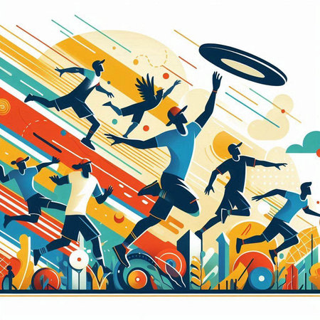 Vector illustration of a group of people jumping on the background of the cityのイラスト素材